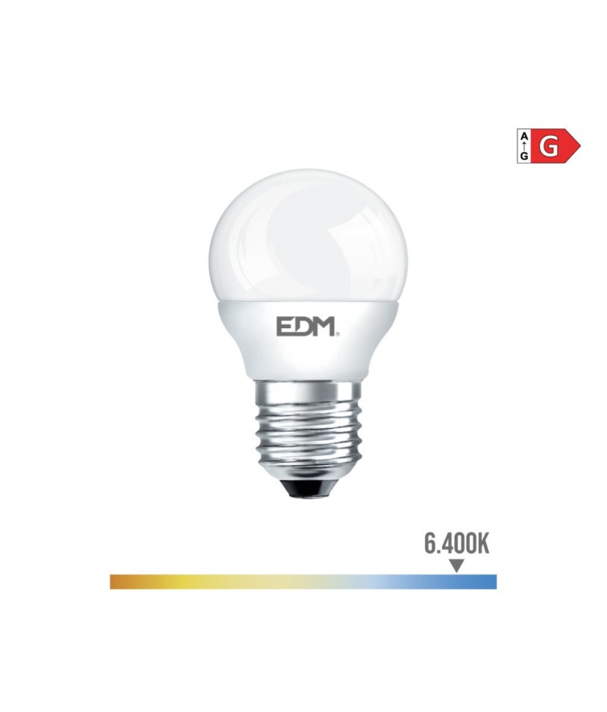 BOMBILLA ESFERICA LED E27 5W 400lm 6400K LUZ FRIA Ø4,5x8cm EDM//98320